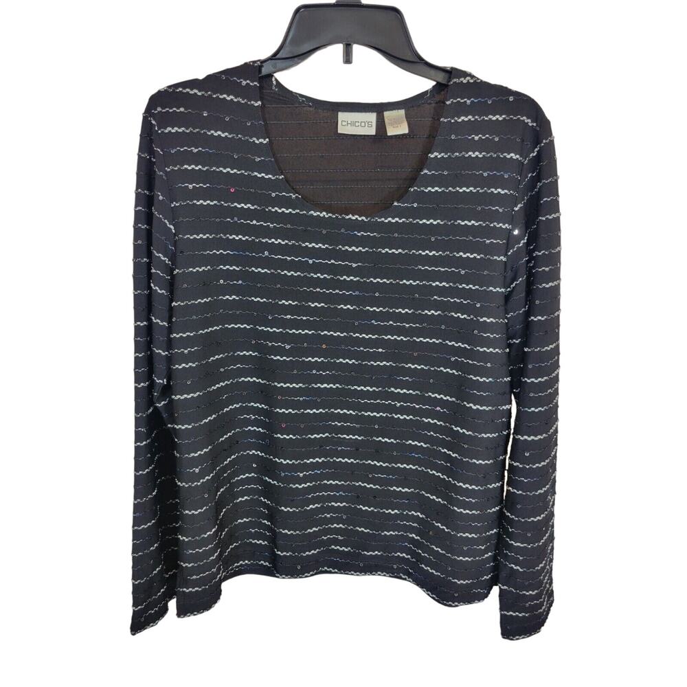 Chico's Black Metallic Ric Rac Sequin Knit Long Sleeve Top Women's Size 2 (L)